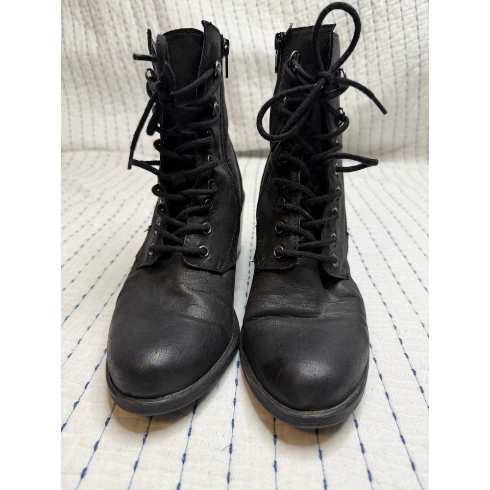 White Mountain Dorian Black Lace Up Combat Boots Block Heel Side Zip Womens 8M